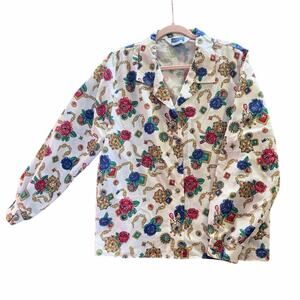 Vintage cape cod sportswear button front long sleeve jewels chains print blouse